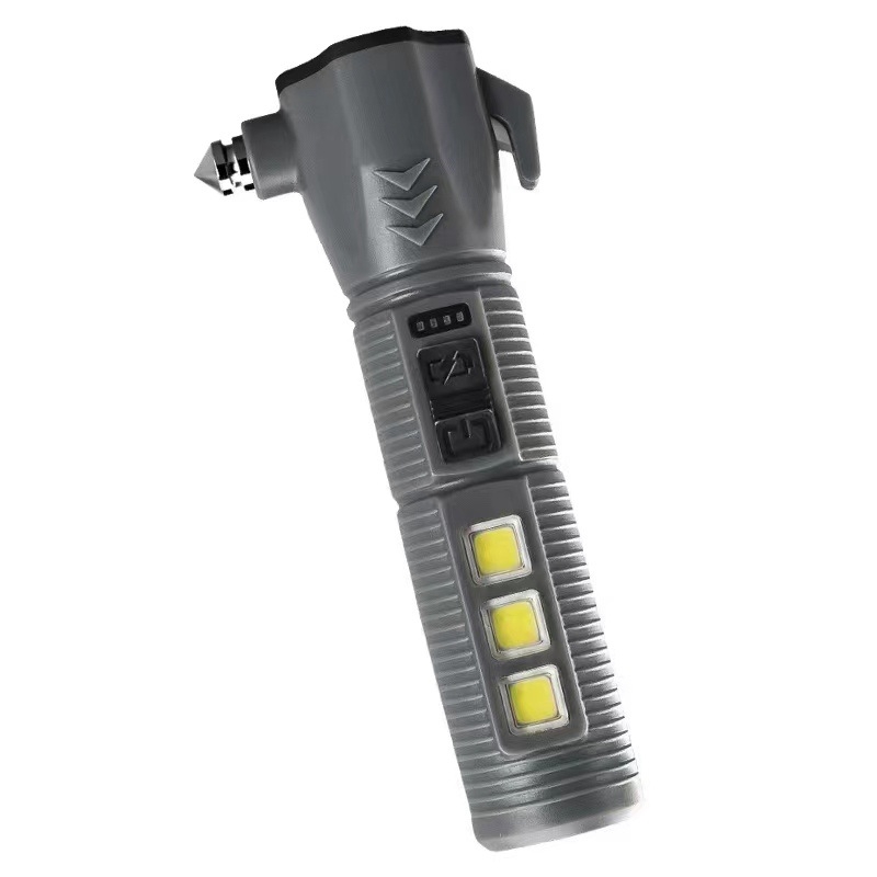 TANJE viacúčelové záchranné kladivo s rozbíjačom skla, COB svetlo + 3W LED, nabíjiteľná pracovná lampa a núdzové svetlo, 360° otáčanie, 800 mAh batéria, dosah 200–500 m