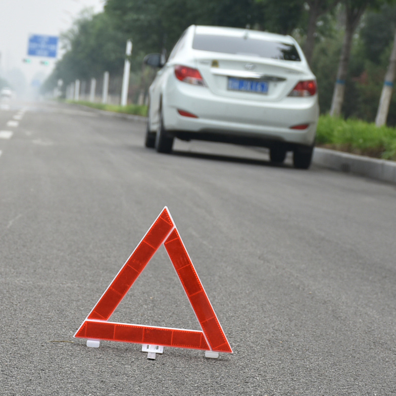 Összecsukható autófigyelmeztető háromszög PVC-reflektív anyagból, állvánnyal, függőleges kivitel, vészhelyzeti parkoláshoz