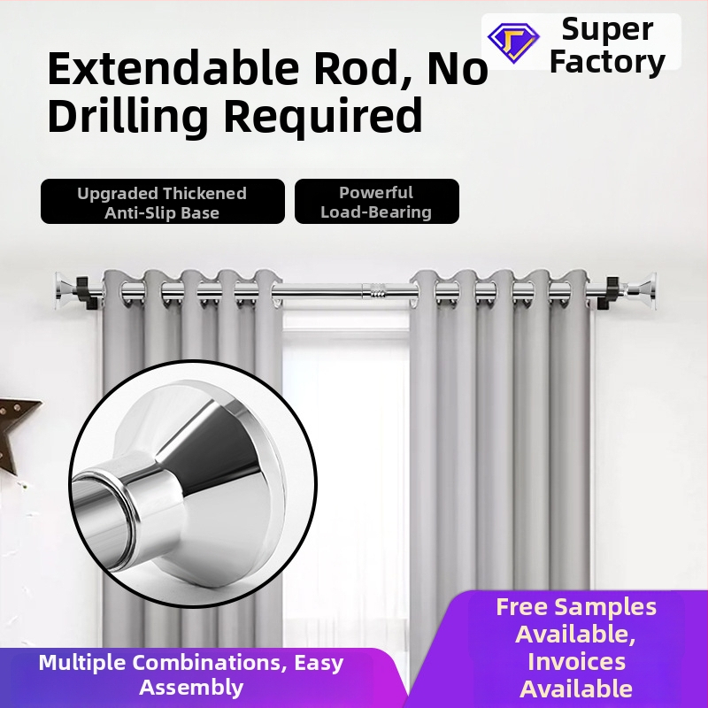 Teleskopická nerezová oceľová tyč s vylepšenou základňou na kúpeľňu, sprchový záves, dvere, šatník a sušenie oblečenia