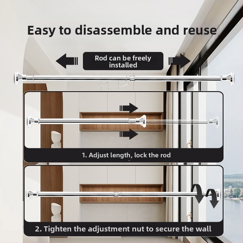 Teleskopická nerezová oceľová tyč s vylepšenou základňou na kúpeľňu, sprchový záves, dvere, šatník a sušenie oblečenia