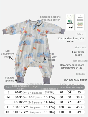 Miegmaišis kūdikiams ir vaikams, keturių sluoksnių bambukų pluošto ir medvilnės gazas (70/30) su padu, karikatūrų raštas, pavasario ir rudens sezonai, drėgmės valdymas