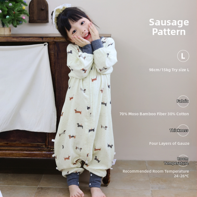 Miegmaišis kūdikiams ir vaikams, keturių sluoksnių bambukų pluošto ir medvilnės gazas (70/30) su padu, karikatūrų raštas, pavasario ir rudens sezonai, drėgmės valdymas