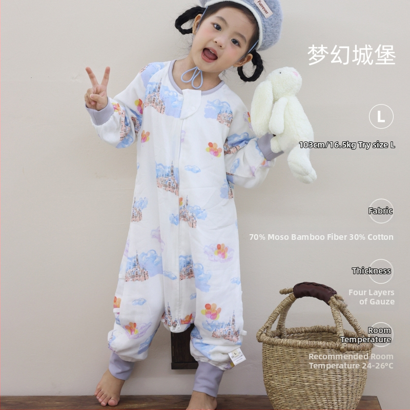 Miegmaišis kūdikiams ir vaikams, keturių sluoksnių bambukų pluošto ir medvilnės gazas (70/30) su padu, karikatūrų raštas, pavasario ir rudens sezonai, drėgmės valdymas