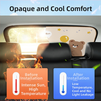 Auto päikesekaitse tagase akna imitorõngaga – lastele sobiv multikakujundus, päikesekaitse ja soojusisolatsioon (Materjal: varjutav kangas; Paigaldus: imitorõngaga; Stiil: karikatuur; Muster: animeeritud tegelased; Kohaldatavas osas: tagaaken)