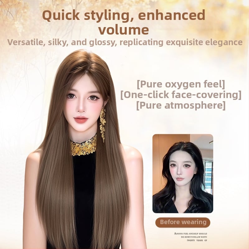 Pikk sirge parukas bangsidega, Korea stiilis, mudel 9001, kuumuskindlad kiud, mehhaaniline kapakonstruktsioon