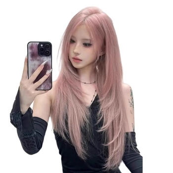 Dlhá rovná parochňa s kosými ofinkami, plné pokrytie hlavy, tepelne odolné vlákna, mechanické spracovanie