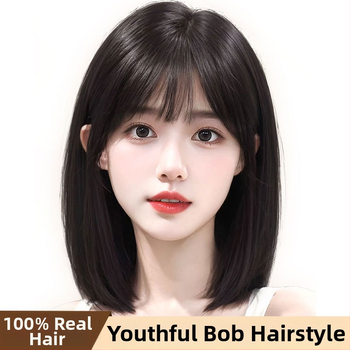Paruka z pravých ľudských vlasov, prirodzený štýl, BOBO-35, stredná dĺžka, dlhé rovné vlasy s ofinkou typu qi, možné farbiť, mechanicky spracované