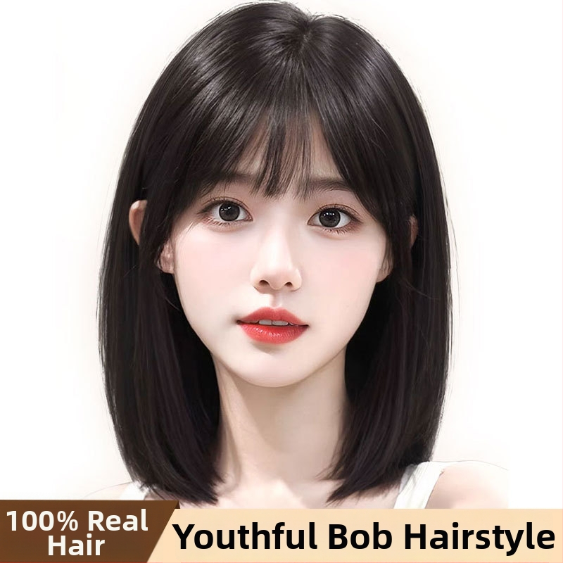 Paruka z pravých ľudských vlasov, prirodzený štýl, BOBO-35, stredná dĺžka, dlhé rovné vlasy s ofinkou typu qi, možné farbiť, mechanicky spracované