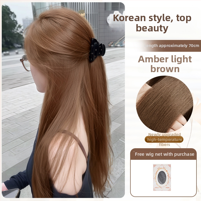 Celá parochňa pre ženy, kórejský štýl, dlhé rovné vlasy s bočným ofinom, ručne vyrobená, vlákno odolné voči teplu, nie je farbená