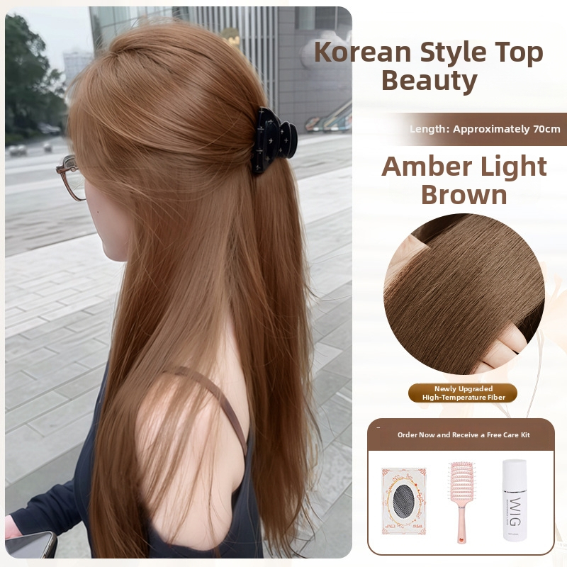 Celá parochňa pre ženy, kórejský štýl, dlhé rovné vlasy s bočným ofinom, ručne vyrobená, vlákno odolné voči teplu, nie je farbená