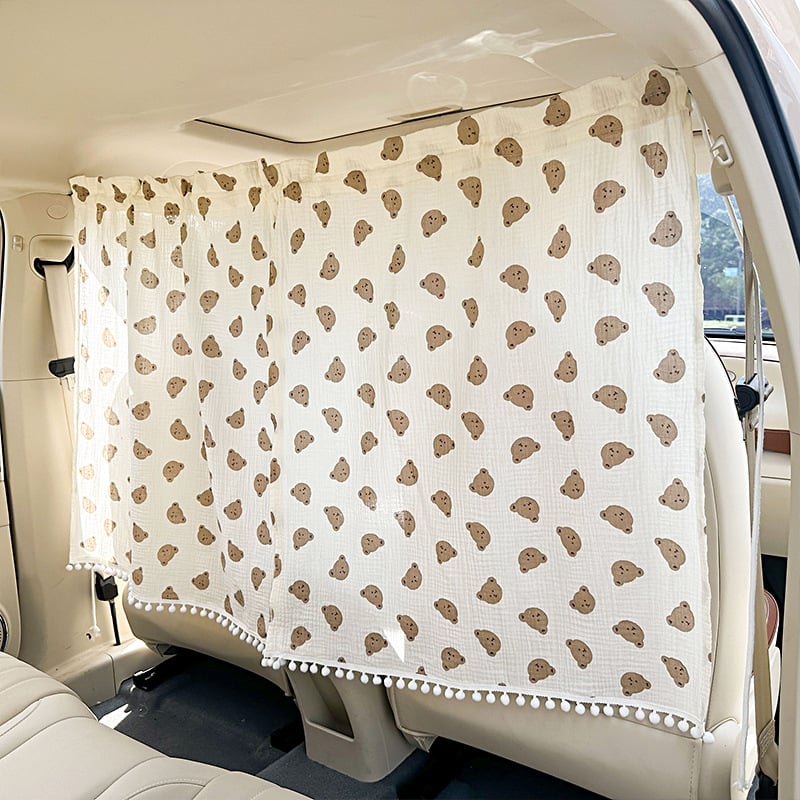 Dvigubo sluoksnio medvilninė automobilių užuolaida su lokio ir kiškio motyvu privatumui, saulės apsaugai ir šilumos izoliacijai (kabinimo tipas)