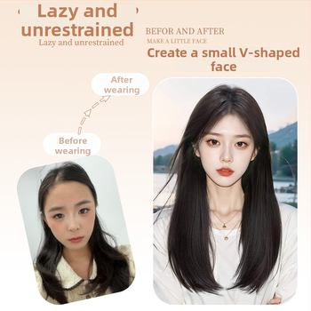 Parochňa s dlhými rovnými vlasmi, stredový part, kompletná pokrývka hlavy, prirodzený vzhľad, vlákna odolné voči teplu