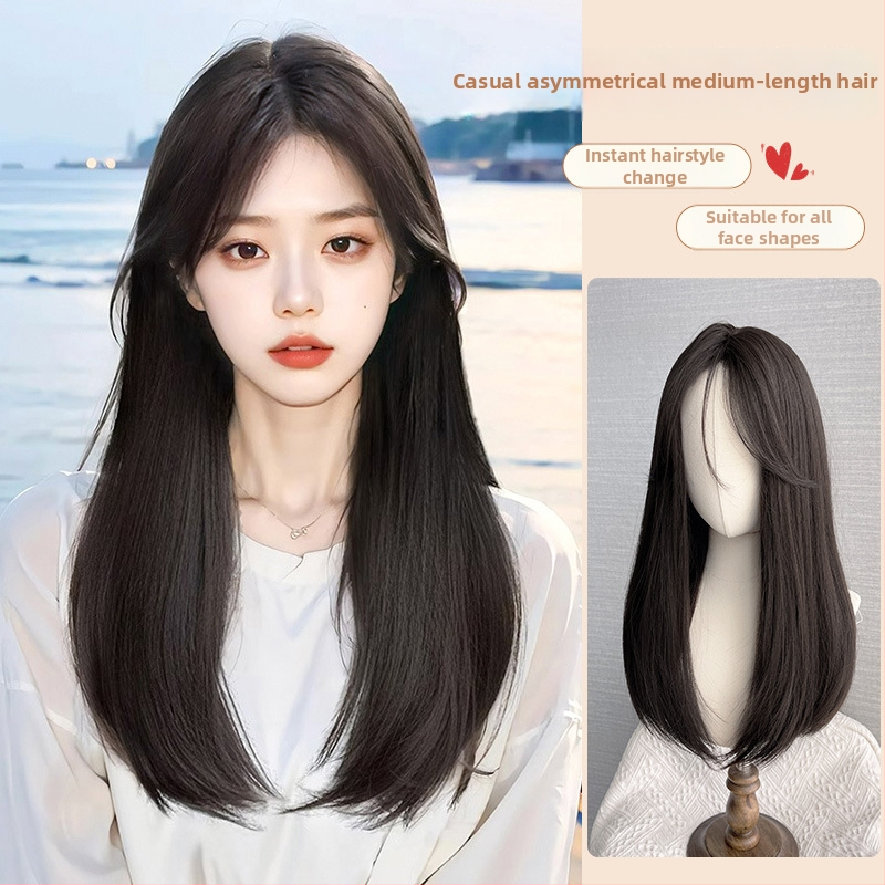 Parochňa s dlhými rovnými vlasmi, stredový part, kompletná pokrývka hlavy, prirodzený vzhľad, vlákna odolné voči teplu