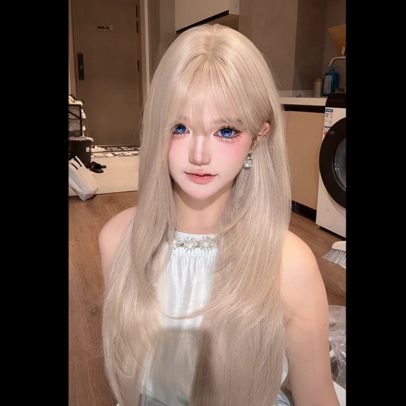 Ilga taisna parūka ar bangs, dabīgs stils, karstumizturīgi mati, izcelsme Henan