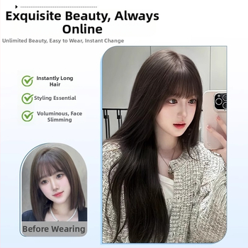 Juuksepealse asendamiseks naistele, pikad sirged juuksed, kuumustaluvad kiud, mehhaaniline töötlemine