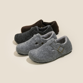 Pantofi femei Birkenstock-stil, cu căptușeală de lână pentru creștere înălțime, partea superioară din lână, talpă din cauciuc, iarnă.