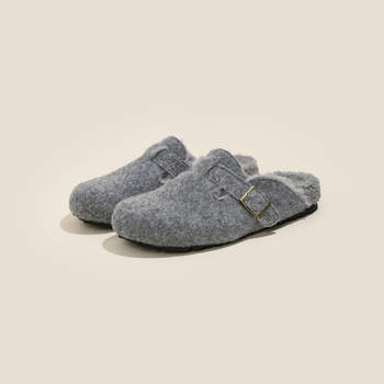 Pantofi femei Birkenstock-stil, cu căptușeală de lână pentru creștere înălțime, partea superioară din lână, talpă din cauciuc, iarnă.