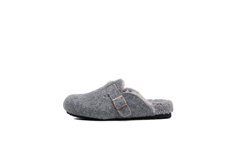 Pantofi femei Birkenstock-stil, cu căptușeală de lână pentru creștere înălțime, partea superioară din lână, talpă din cauciuc, iarnă.