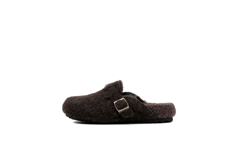 Pantofi femei Birkenstock-stil, cu căptușeală de lână pentru creștere înălțime, partea superioară din lână, talpă din cauciuc, iarnă.