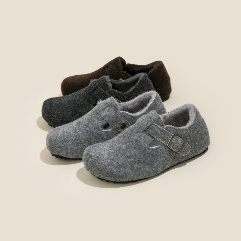 Pantofi femei Birkenstock-stil, cu căptușeală de lână pentru creștere înălțime, partea superioară din lână, talpă din cauciuc, iarnă.
