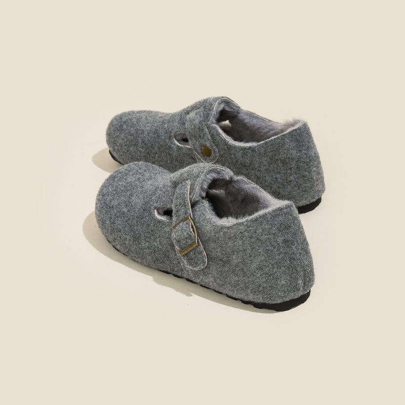 Pantofi femei Birkenstock-stil, cu căptușeală de lână pentru creștere înălțime, partea superioară din lână, talpă din cauciuc, iarnă.