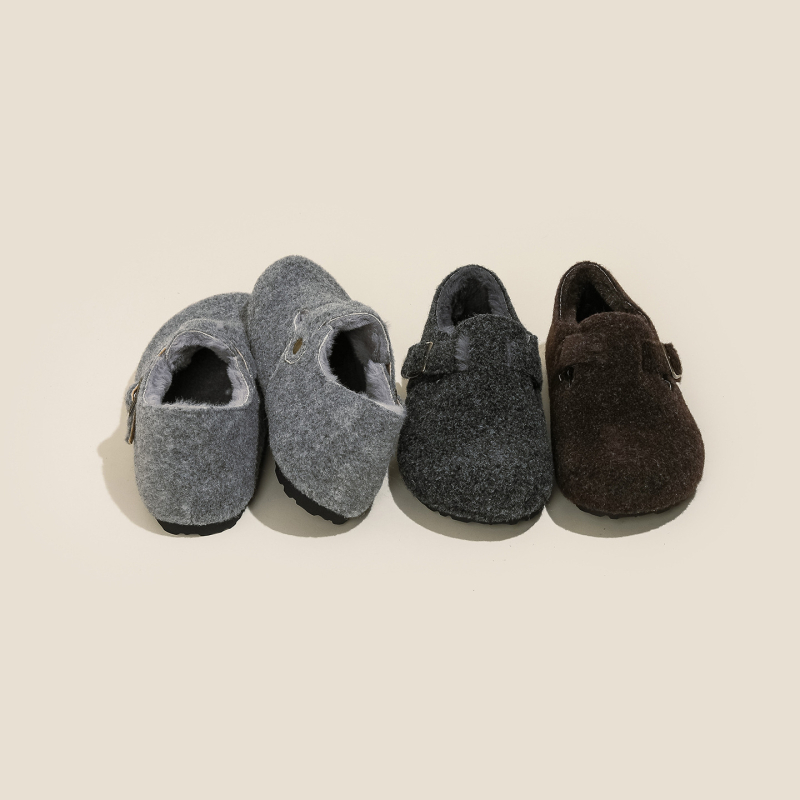 Pantofi femei Birkenstock-stil, cu căptușeală de lână pentru creștere înălțime, partea superioară din lână, talpă din cauciuc, iarnă.