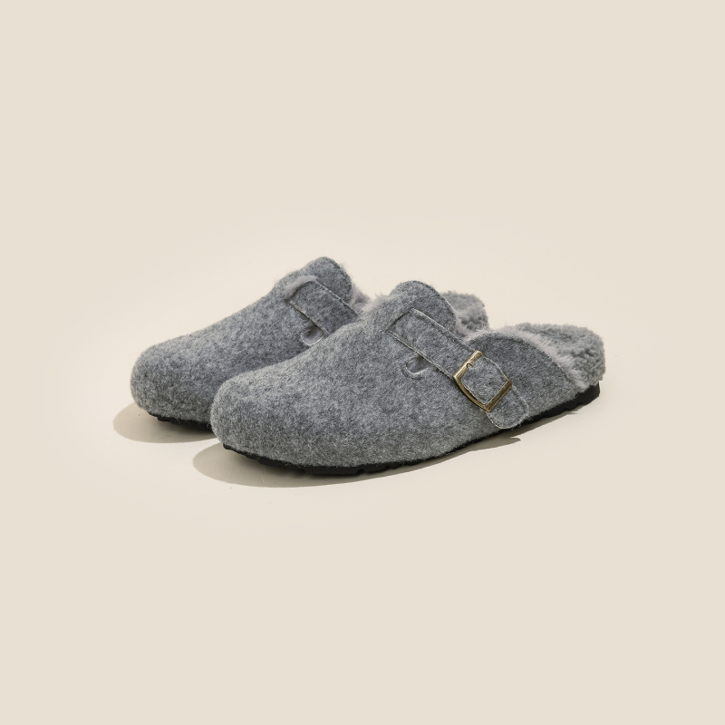 Pantofi femei Birkenstock-stil, cu căptușeală de lână pentru creștere înălțime, partea superioară din lână, talpă din cauciuc, iarnă.