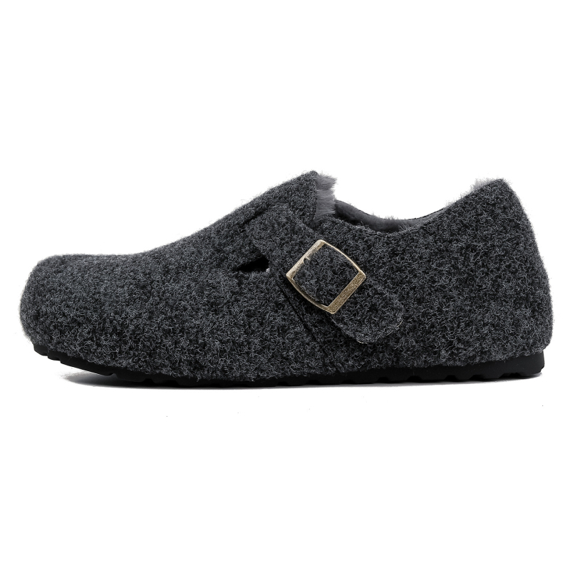 Pantofi femei Birkenstock-stil, cu căptușeală de lână pentru creștere înălțime, partea superioară din lână, talpă din cauciuc, iarnă.