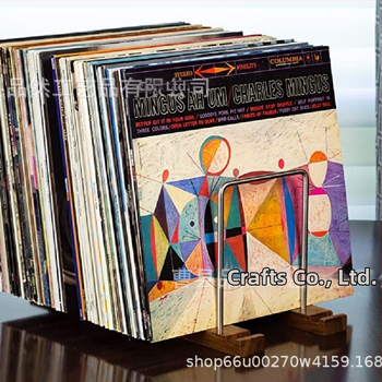 Vinilo plokštelių laikiklis su medžio–geležies konstrukcija – šiuolaikiškas stalinis ekspozicijos laikiklis, sulankstomas, Pinran