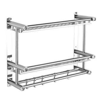 Suport pentru prosoape de baie din oțel inoxidabil, montat pe perete, cu brațe duble și trei niveluri de depozitare