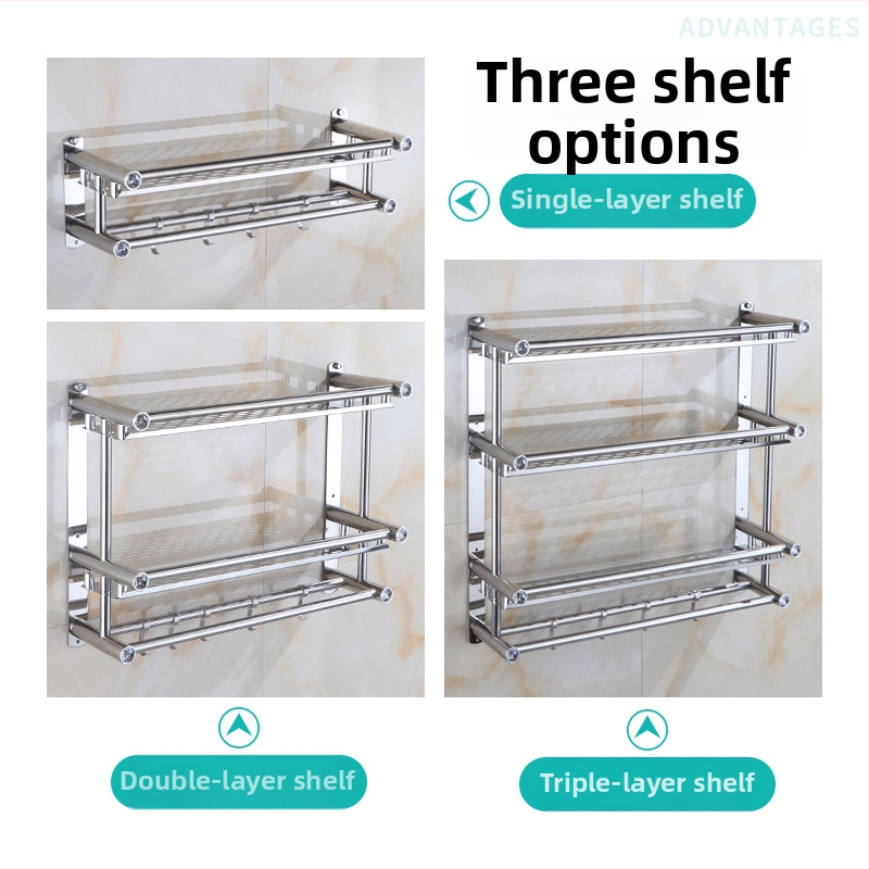 Nerūsējošā tērauda vannas istabas dvielu pakaramais, ar sienas stiprinājumu un trim uzglabāšanas līmeņiem