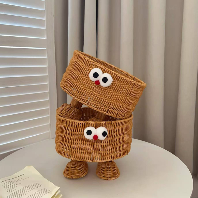 PP košara za skladištenje s rotan stilom — višenamjenski stolni organizator, sladak crtani stil, pleteni dizajn