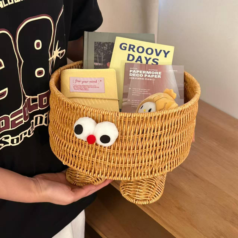 PP košara za skladištenje s rotan stilom — višenamjenski stolni organizator, sladak crtani stil, pleteni dizajn