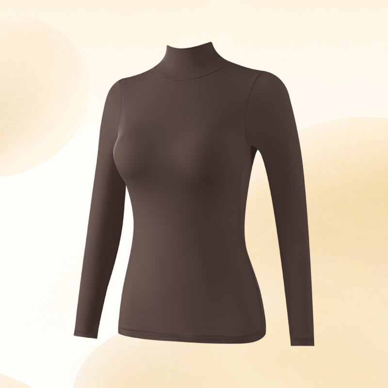 Moterų nailono topas su hialurono rūgštimi, aukšta elastinga, įmontuotos krūties pagalvėlės, pusiau aukštas kaklas, plonas audinys, ilgos rankovės