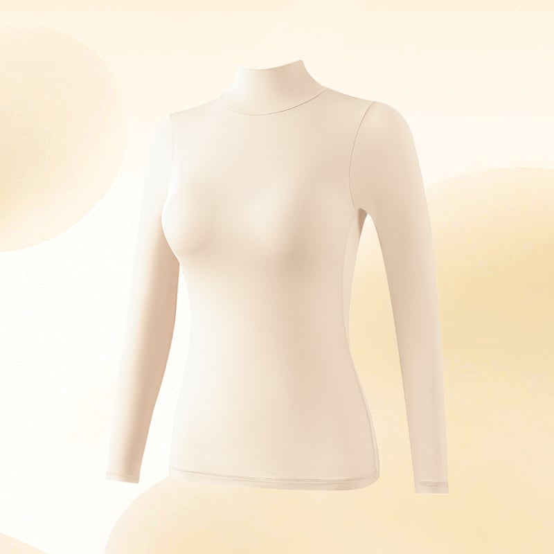 Moterų nailono topas su hialurono rūgštimi, aukšta elastinga, įmontuotos krūties pagalvėlės, pusiau aukštas kaklas, plonas audinys, ilgos rankovės