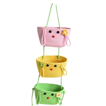Coș de depozitare pentru cosmetică cu trei etaje, montat pe perete, în stil desen animat drăguț (Model 01210) - Material: bumbac și in - Domeniu de utilizare: lenjerie, CD, articole de birou, medicamente