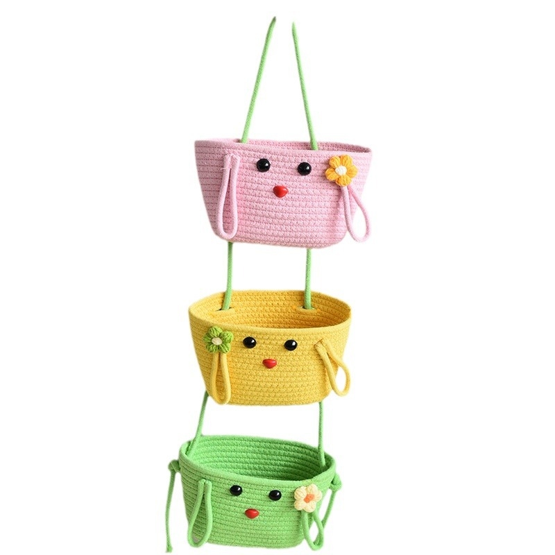 Coș de depozitare pentru cosmetică cu trei etaje, montat pe perete, în stil desen animat drăguț (Model 01210) - Material: bumbac și in - Domeniu de utilizare: lenjerie, CD, articole de birou, medicamente