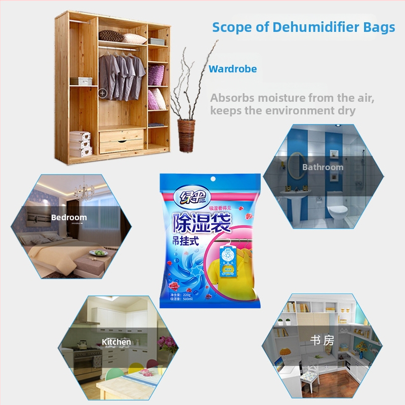 Green Umbrella pakabinamasis desikantas drabužių spintoje, drėgmės sugerėjas, 220 g, 24 vnt., pakabinimo būdas