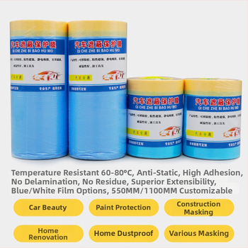 Automobilių dažų maskavimo plėvelė aukštos temperatūros, be siūlių elektrostatinė adhezija; popieriaus+PE plėvelė, storis 60–70 μm, tekstūruotas popieriaus pagrindas, laidumas 80%