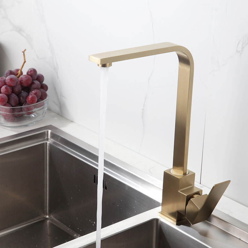 Кухненски смесител от 304 неръждаема стомана, квадратна плоска тръба, модел 5322, марка shentao, керамичен картридж, гореща и студена вода, вертикална инсталация, номинално налягане 1.63 MPa, работна температура до 80°C