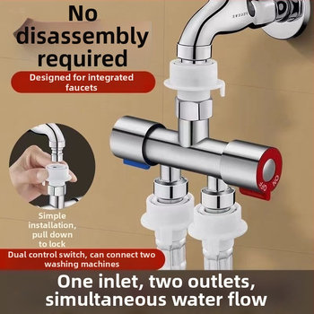 Jaotuv ventiil pesumasinile – ilma demontaažita, kiire ühendus, 3-tee, 1:2 jagaja, roostevaba teras, keraamiline diskiventiil