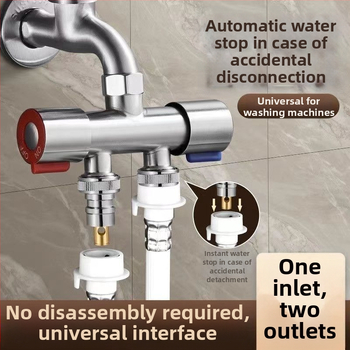 Jaotuv ventiil pesumasinile – ilma demontaažita, kiire ühendus, 3-tee, 1:2 jagaja, roostevaba teras, keraamiline diskiventiil