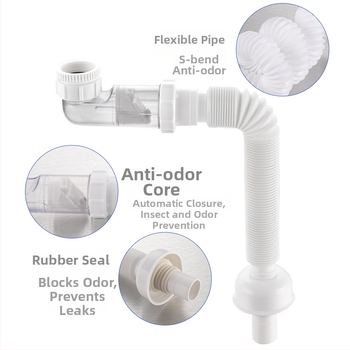 S-образна дренажна тръба за мивка, PE пластмаса, против миризма, телескопичен гофриран маншет, модел XLH035