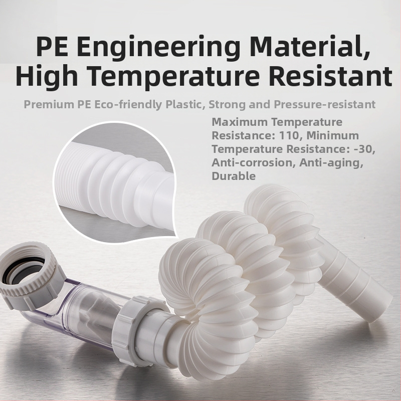 S-образна дренажна тръба за мивка, PE пластмаса, против миризма, телескопичен гофриран маншет, модел XLH035