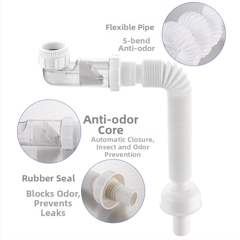 S-образна дренажна тръба за мивка, PE пластмаса, против миризма, телескопичен гофриран маншет, модел XLH035