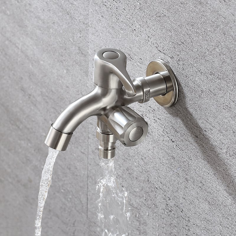 Кран за пералня от неръждаема стомана 304, модел JL13414, двойно управление, номинално налягане 1.6 MPa, работна температура 0–90°C, монтаж открит/скрит