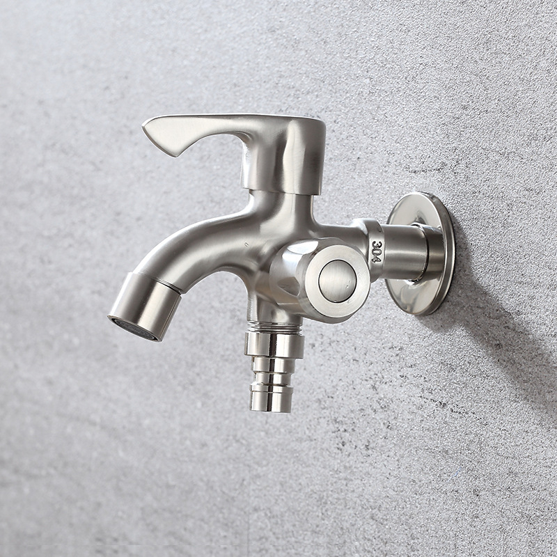 Кран за пералня от неръждаема стомана 304, модел JL13414, двойно управление, номинално налягане 1.6 MPa, работна температура 0–90°C, монтаж открит/скрит