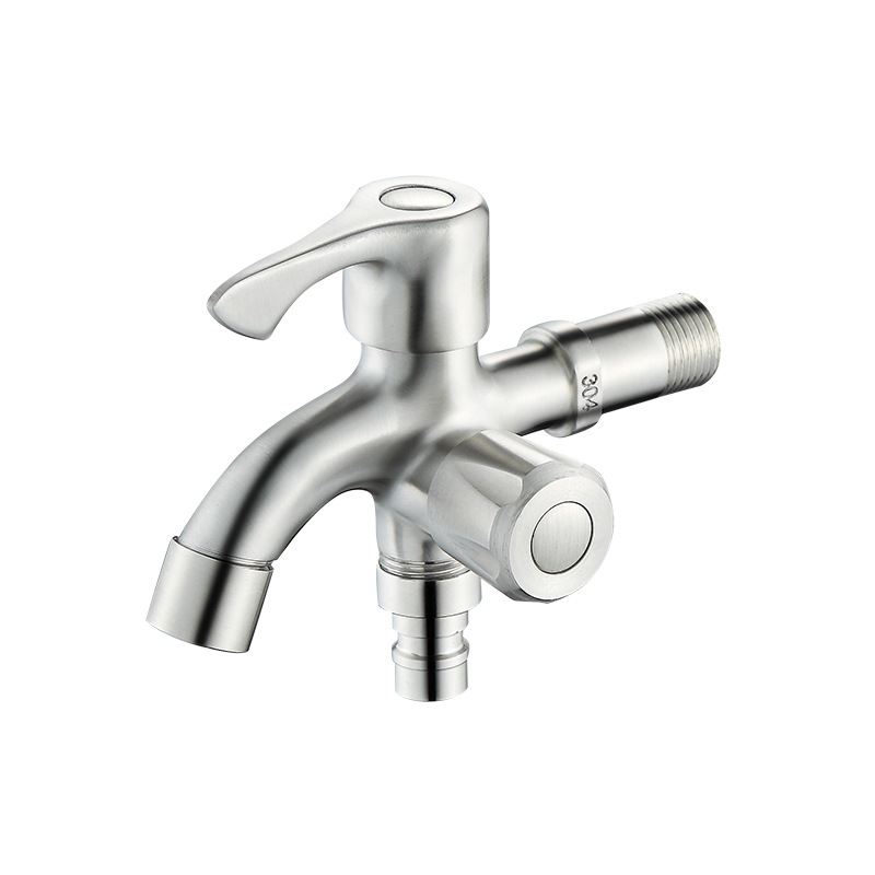 Кран за пералня от неръждаема стомана 304, модел JL13414, двойно управление, номинално налягане 1.6 MPa, работна температура 0–90°C, монтаж открит/скрит