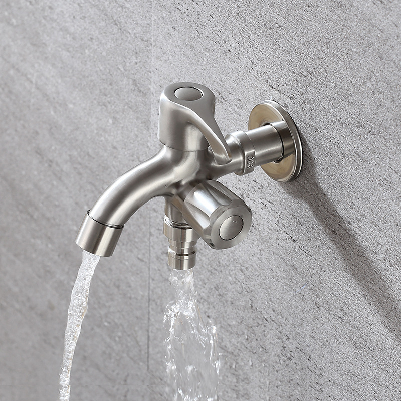 Кран за пералня от неръждаема стомана 304, модел JL13414, двойно управление, номинално налягане 1.6 MPa, работна температура 0–90°C, монтаж открит/скрит