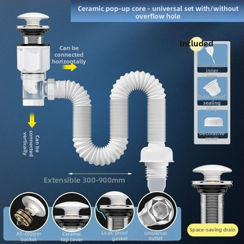 Valamu äravoolu kinnitus – plastik PP materjal, S-kujuline äravoolutor, lisaseade lõhna- ja putukakaitsega